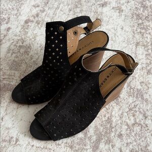 Lucky Brand Black Suede Perforated Open-Toe Wedge Sandals